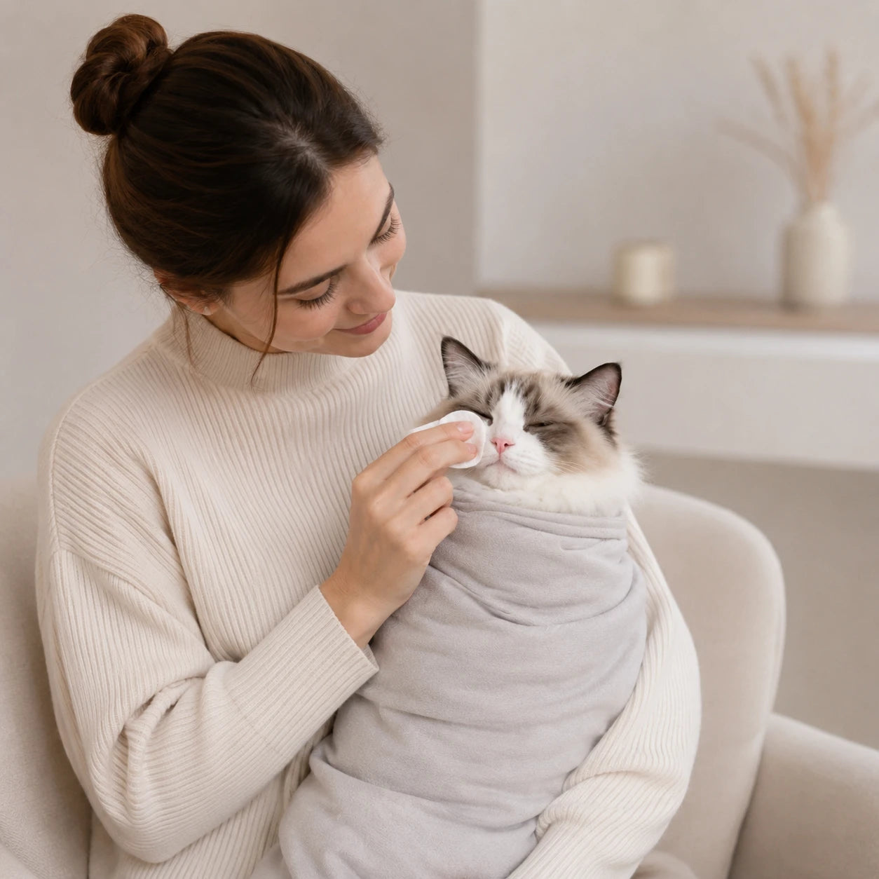 Woman grooming a calm cat wrapped in a grooming wrap without needing assistance
