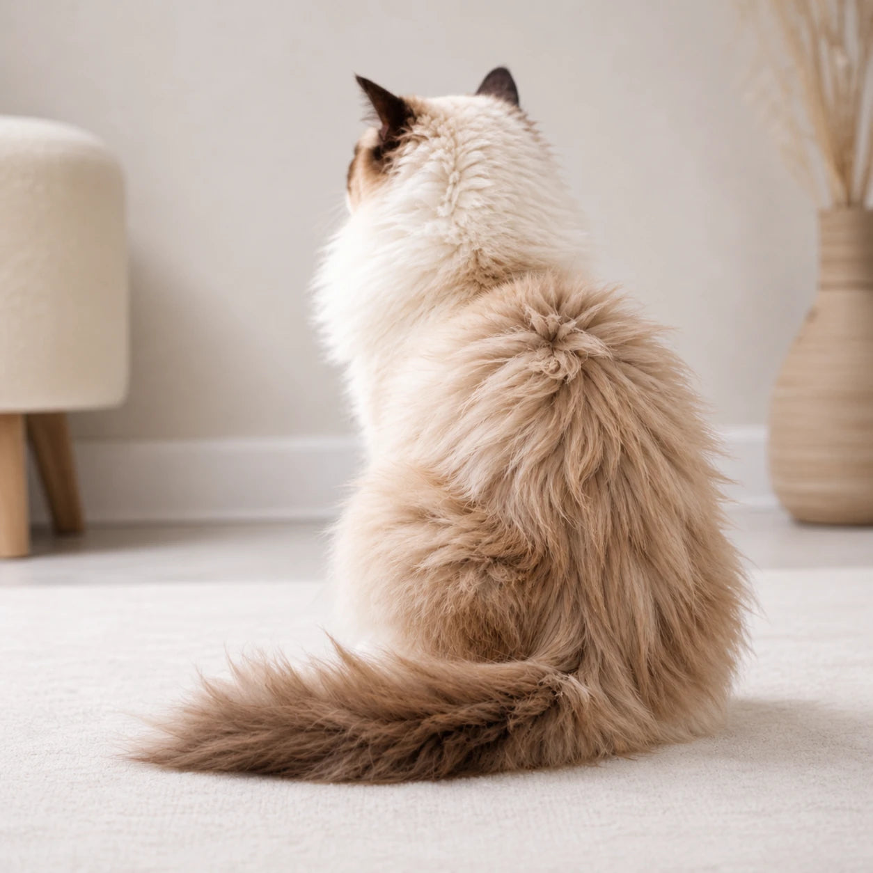 Ragdoll cat with loose fur and shedding coat before grooming with the RagRoyale Mist Brush