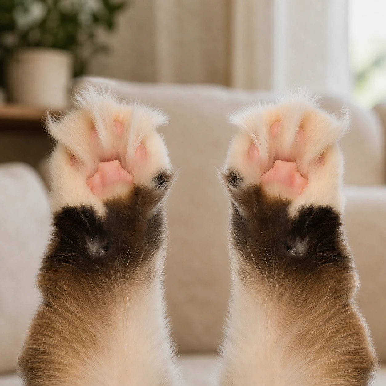 Ragdoll cat paws before fur trimming with excess fur around the paw pads