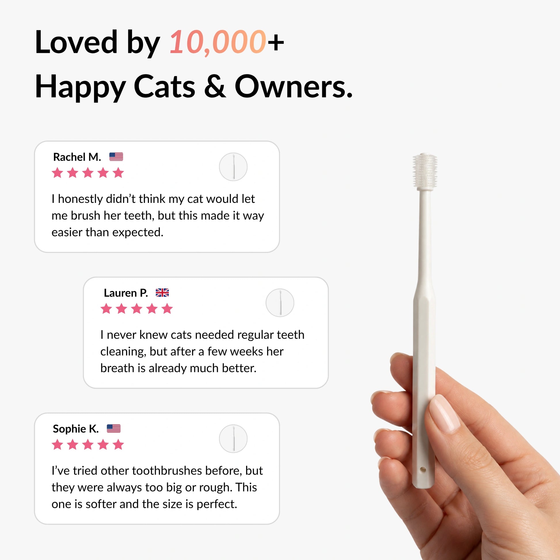 Customer reviews for the RagRoyale 360 cat toothbrush highlighting easier brushing, fresher breath and gentle dental care