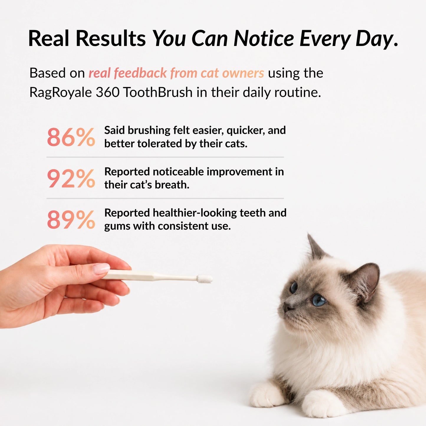 Cat owners report fresher breath, healthier teeth and easier daily brushing with the RagRoyale 360 cat toothbrush
