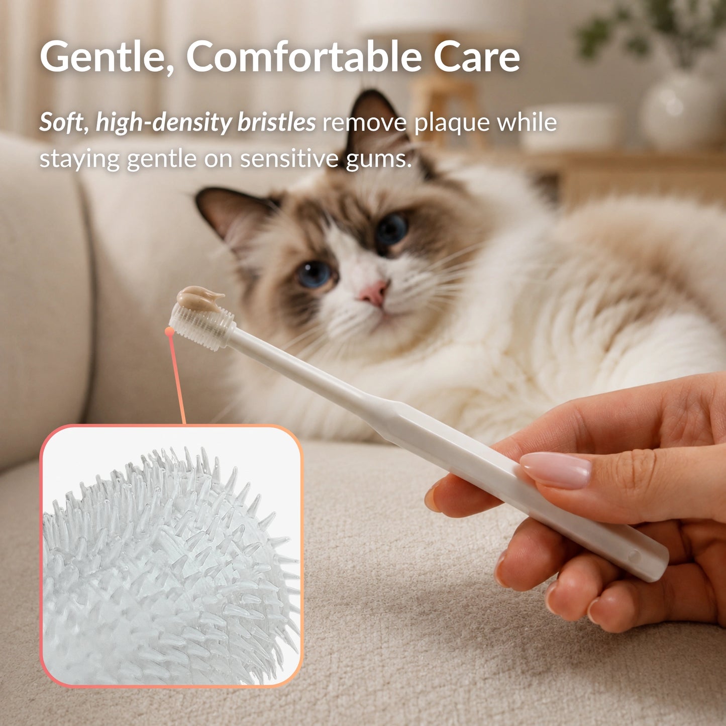Cat dental toothbrush with soft silicone bristles designed for gentle plaque removal and gum care