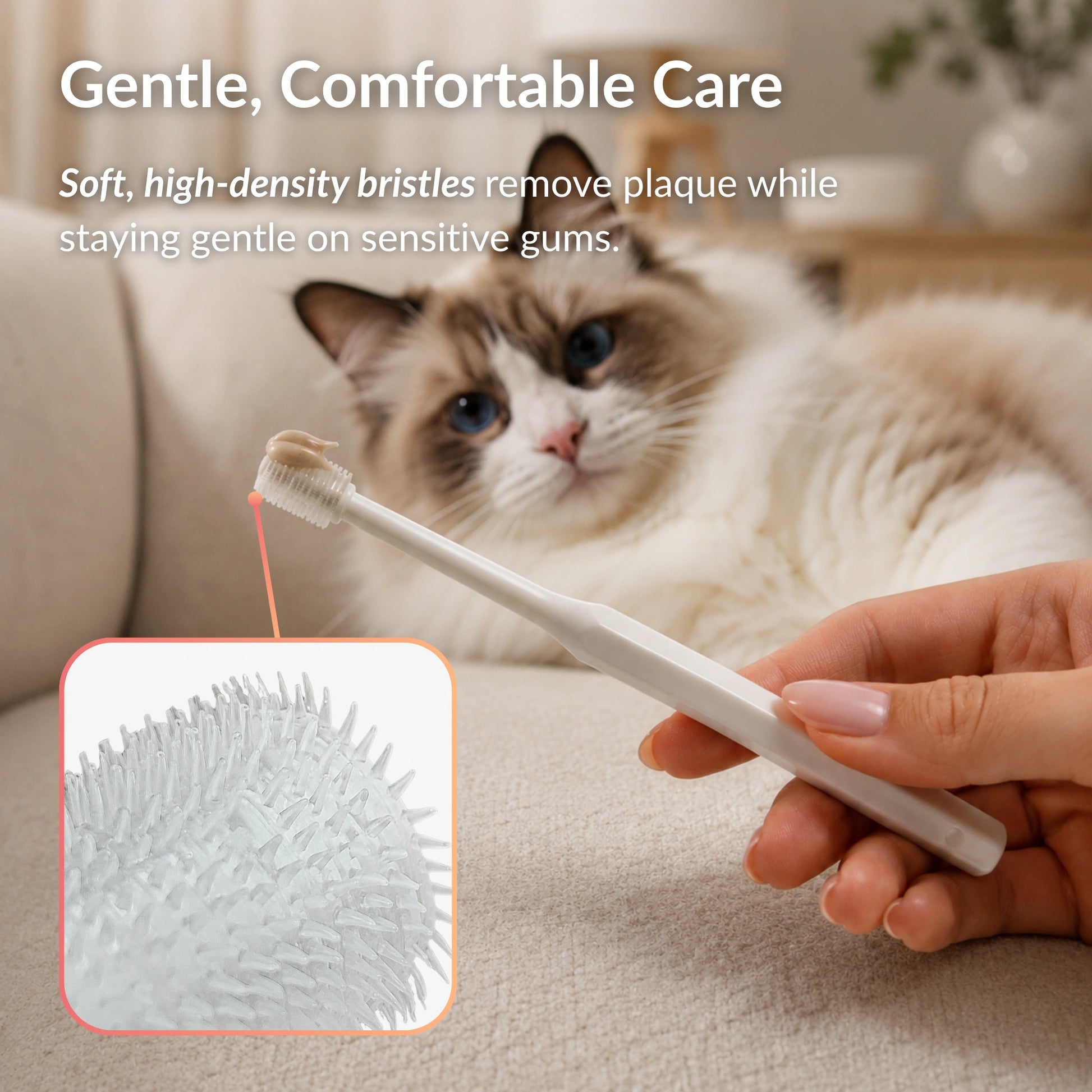 Cat dental toothbrush with soft silicone bristles designed for gentle plaque removal and gum care