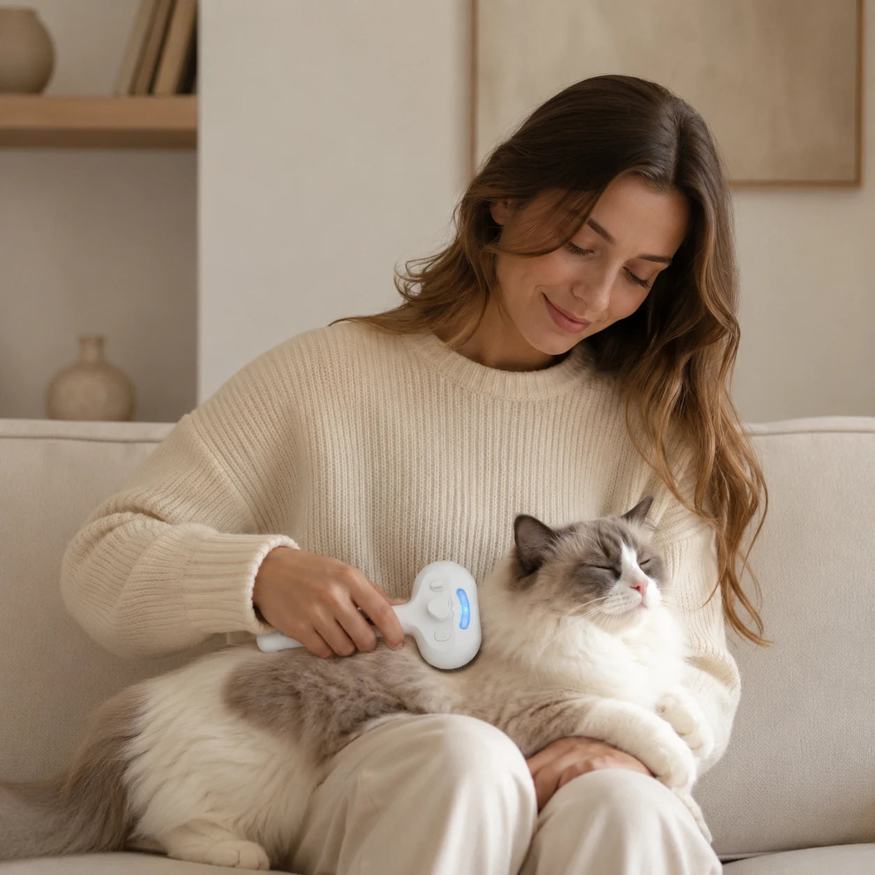 Woman calmly grooming a relaxed ragdoll cat with RagRoyale grooming brush