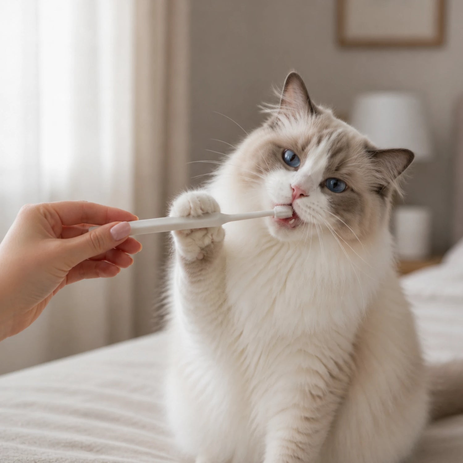 Ragdoll cat using RagRoyale 360 toothbrush for gentle daily dental care