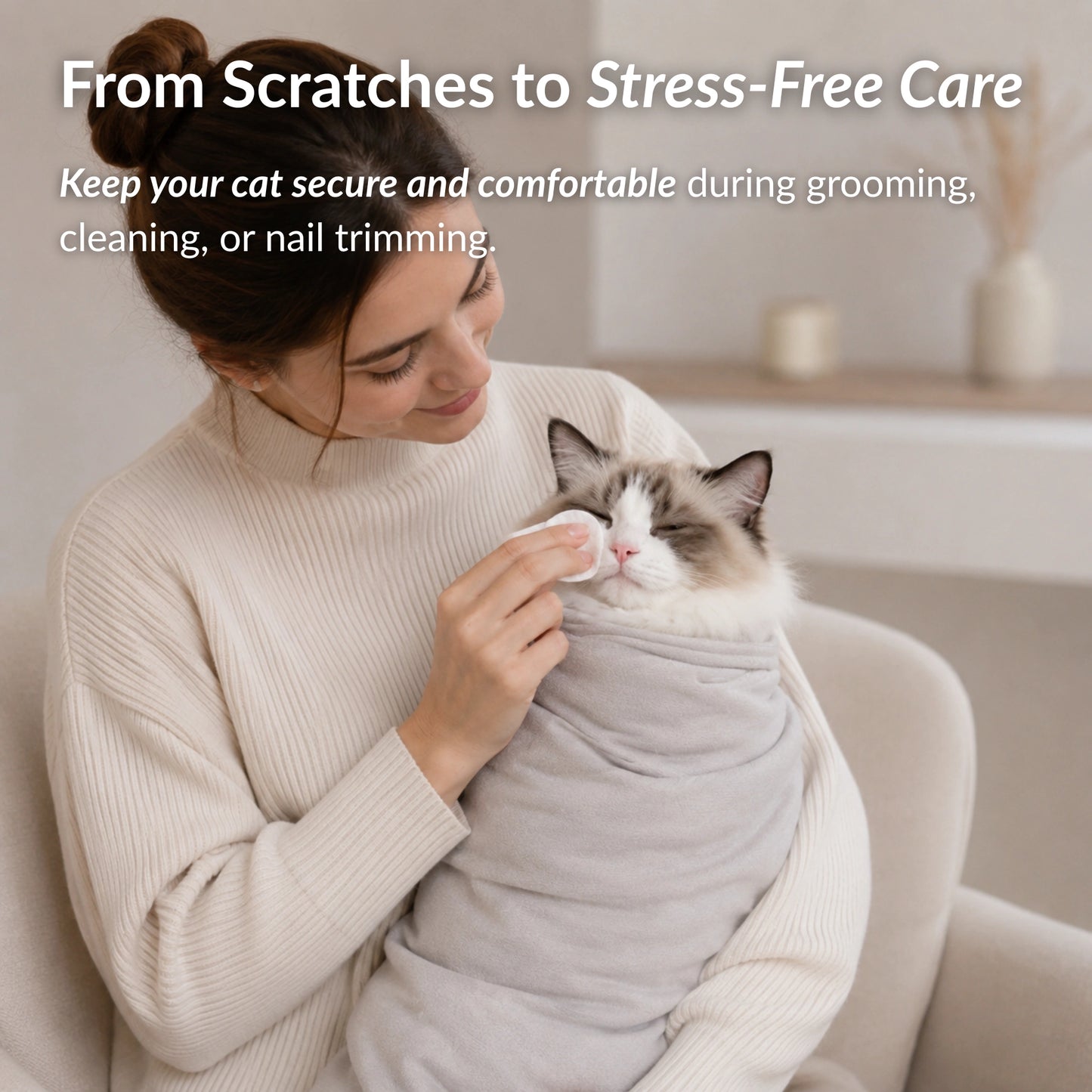 Cat secured in RagRoyale GroomWrap during grooming and cleaning for a calmer, safer and stress free grooming experience