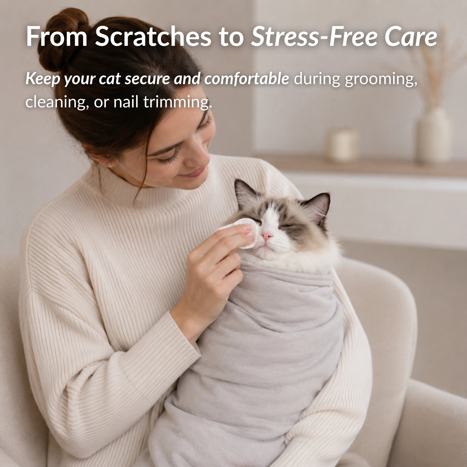 Cat secured in RagRoyale GroomWrap during grooming and cleaning for a calmer, safer and stress free grooming experience