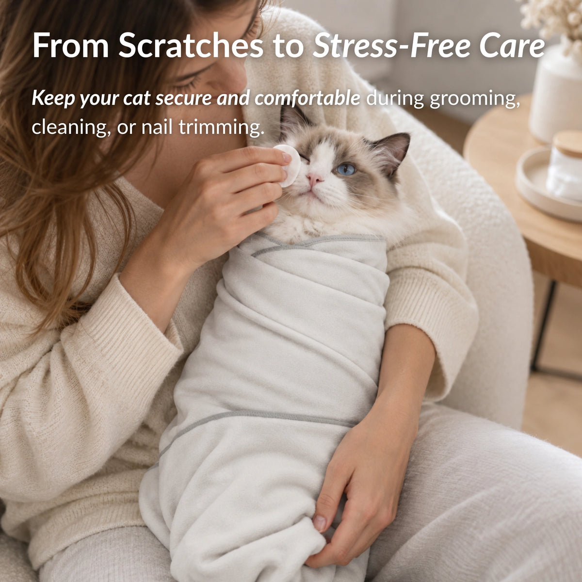 Cat secured in RagRoyale GroomWrap during grooming and cleaning for a calmer, safer and stress free grooming experience