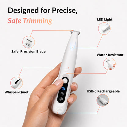 RagRoyale FurTrim cat trimmer with LED light, precision blade, USB-C charging, water-resistant design, and quiet operation