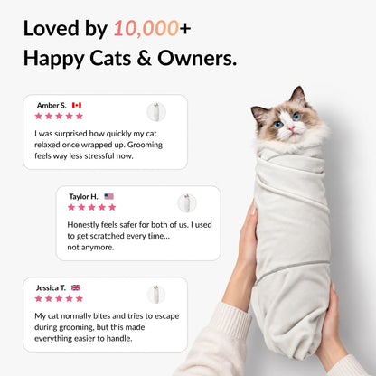 Customer reviews for RagRoyale GroomWrap showing positive feedback from cat owners about safer and less stressful grooming