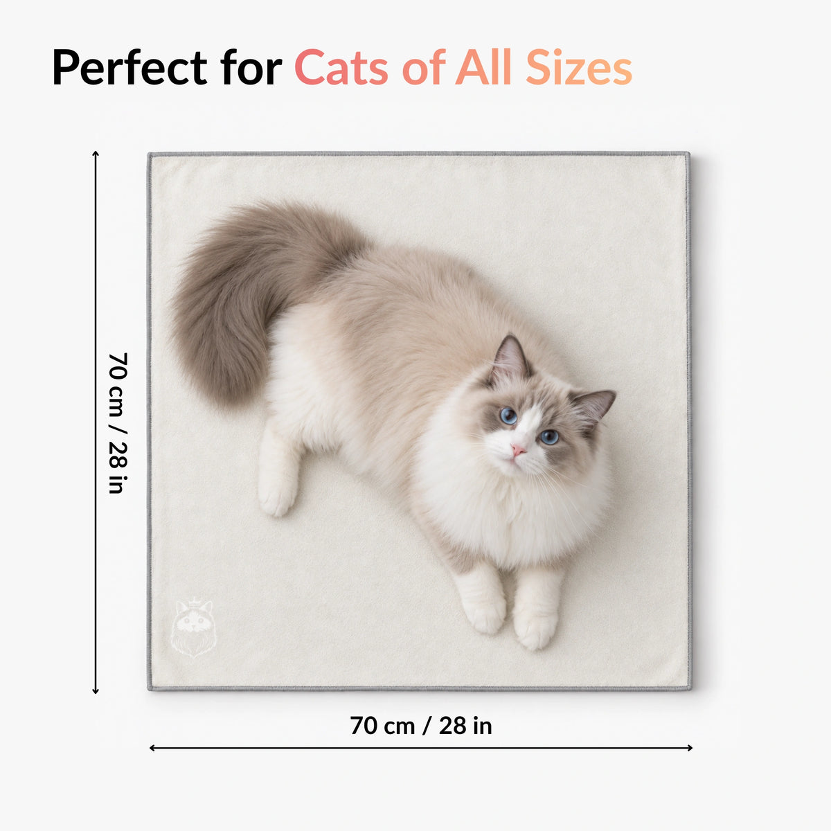 RagRoyale GroomWrap size guide showing 70 x 70 cm dimensions suitable for cats of different sizes