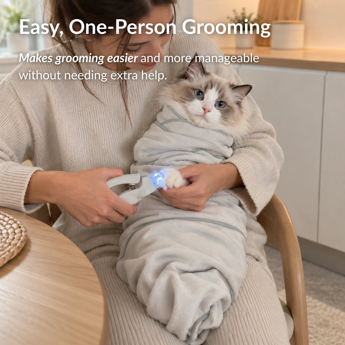 Woman using the RagRoyale GroomWrap to safely trim a cat's nails without assistance during grooming