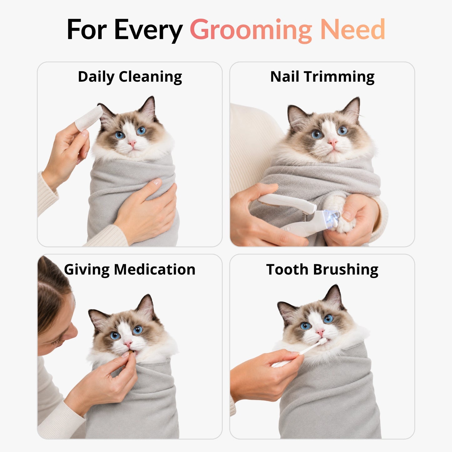 RagRoyale GroomWrap used for cat grooming, nail trimming, medication administration and tooth brushing