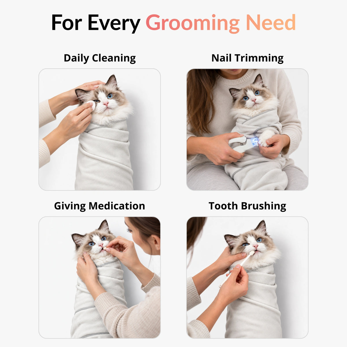 RagRoyale GroomWrap used for cat grooming, nail trimming, medication administration and tooth brushing
