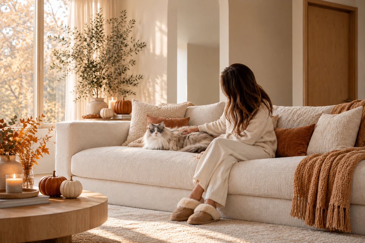 A cat mom in a cream loungewear set sits on a beige sofa in a warm, sunlit living room, petting a fluffy long-haired cat. The scene includes a fall halloween look, round wooden coffee table with autumn decorations, a cozy throw blanket, and a large window in the background.