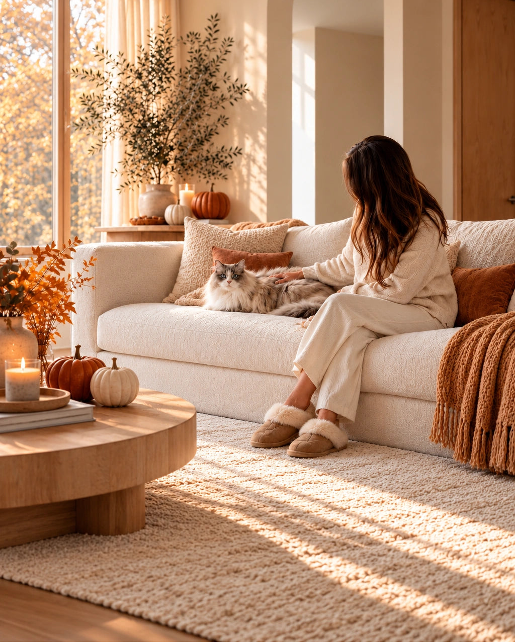 A cat mom in a cream loungewear set sits on a beige sofa in a warm, sunlit living room, petting a fluffy long-haired cat. The scene includes a fall halloween look, round wooden coffee table with autumn decorations, a cozy throw blanket, and a large window in the background.