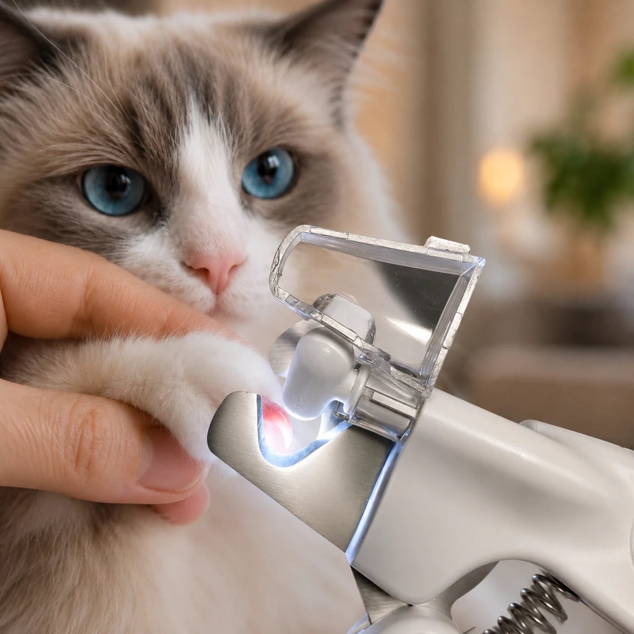 Ragdoll cat nail being trimmed with the RagRoyale LED nail clipper, illuminated LED light providing better visibility for safe and precise nail trimming