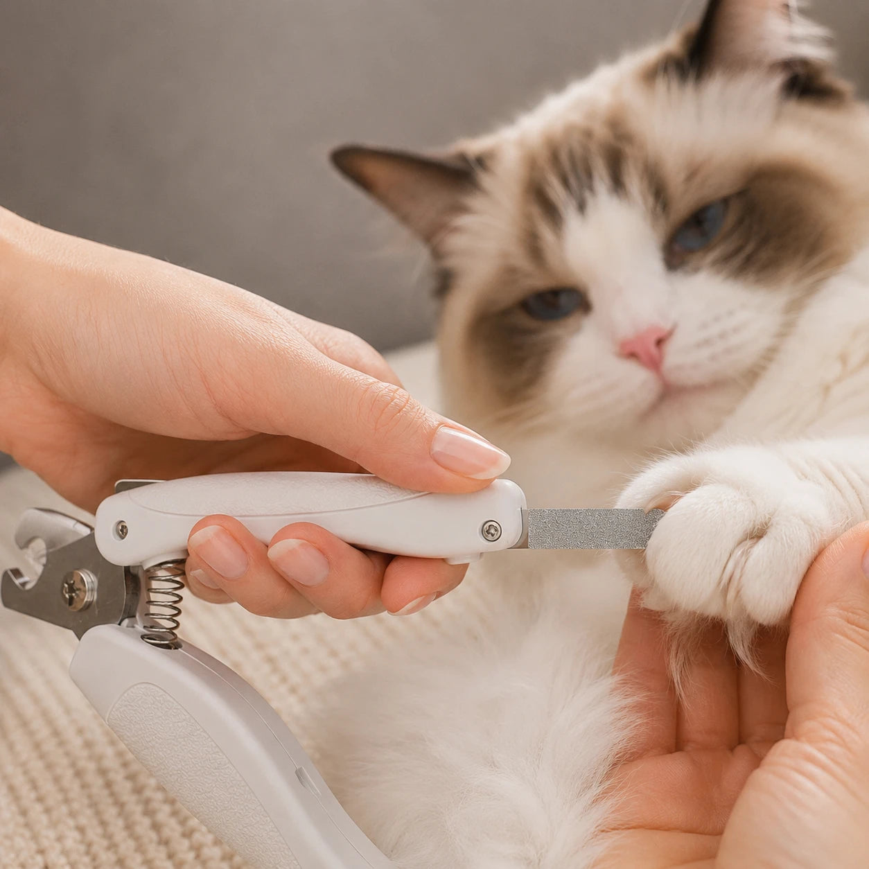 Ragdoll cat receiving nail care with the RagRoyale LED nail clipper's built-in nail file, smoothing sharp edges for a clean and polished finish