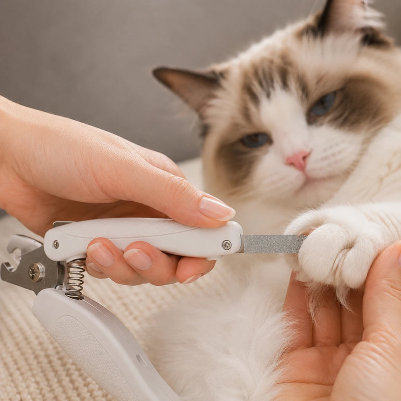 Ragdoll cat receiving nail care with the RagRoyale LED nail clipper's built-in nail file, smoothing sharp edges for a clean and polished finish