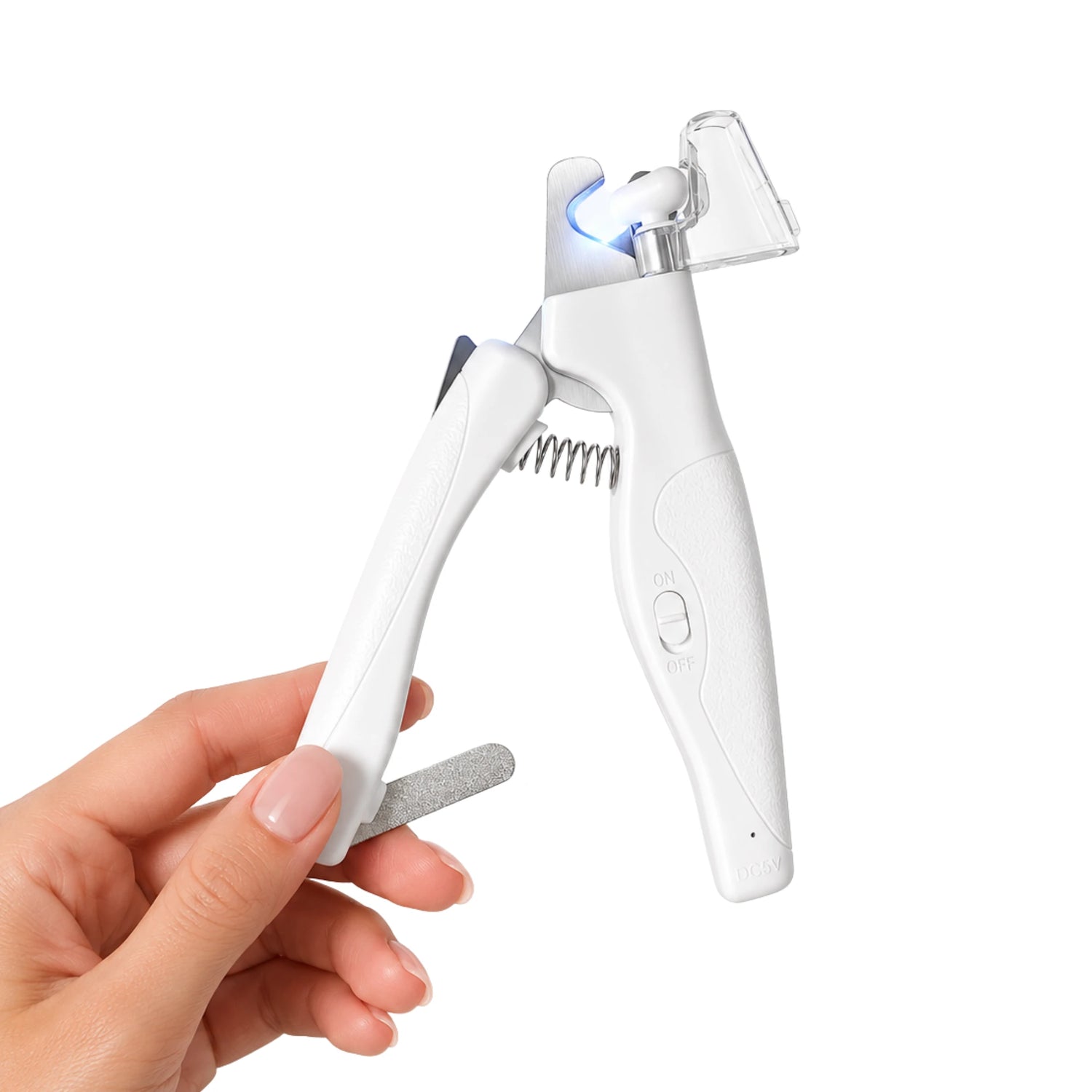 RagRoyale LED cat nail clipper featuring built-in LED light, stainless steel blade, nail file, clipping collector, safety lock, and ergonomic grip for safe nail trimming