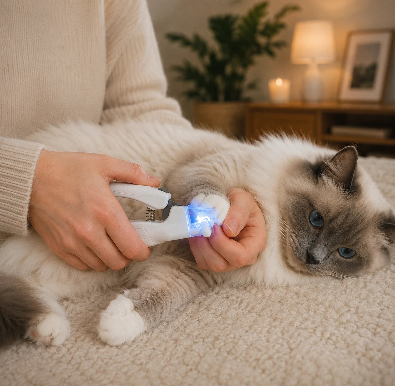 Ragdoll cat receiving a nail trim with the RagRoyale LED nail clipper, illuminated light revealing the nail quick for safe and precise trimming