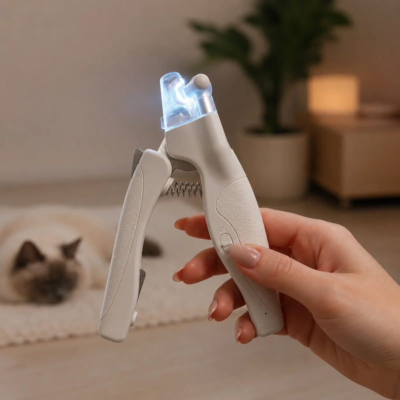 RagRoyale LED cat nail clipper with activated LED light, preparing for safe and precise nail trimming by improving nail visibility