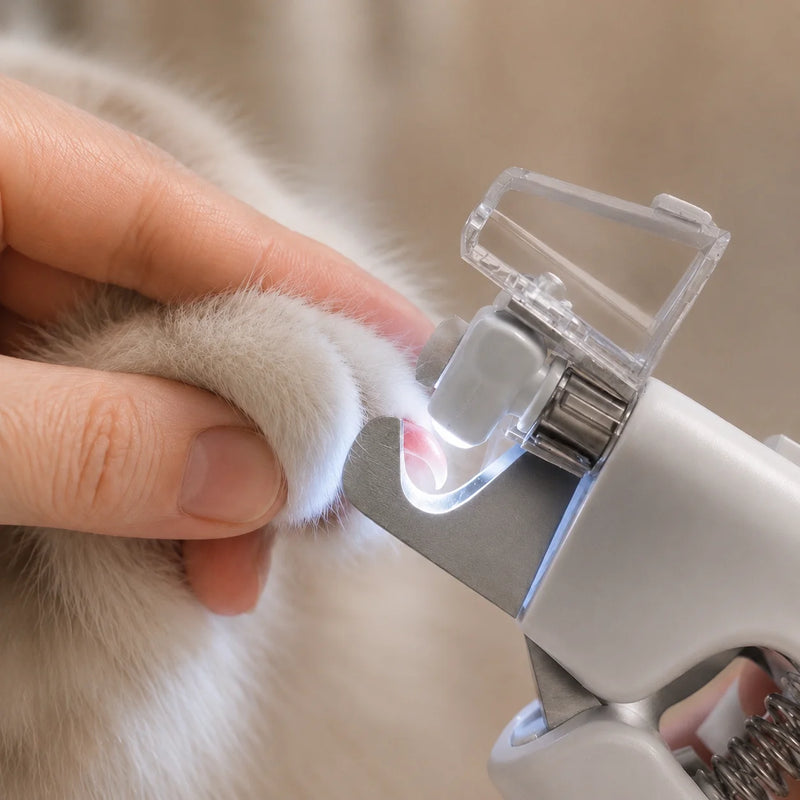 Close-up of a cat nail positioned inside a RagRoyale LED nail clipper, showing correct placement before a safe and precise trim