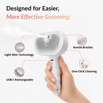 RagRoyale Mist Brush featuring gentle bristles, light mist technology, USB-C charging, and one-click cleaning