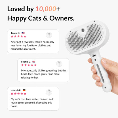Customer reviews for the RagRoyale Mist Brush highlighting reduced shedding, softer fur, and more comfortable grooming