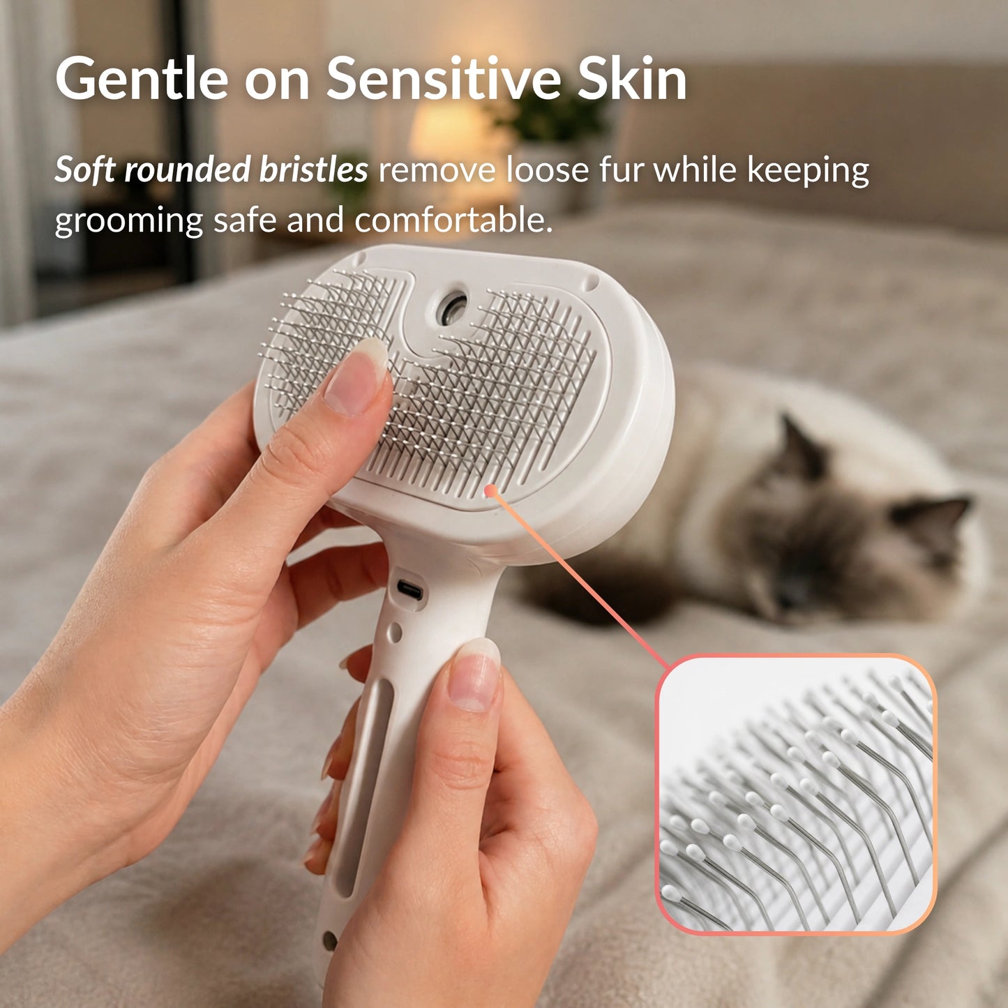 RagRoyale Mist Brush with soft rounded bristles designed for gentle grooming on sensitive cat skin