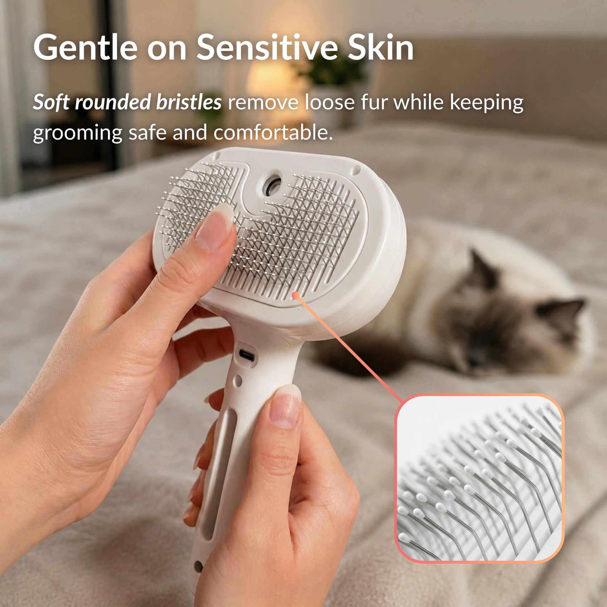 RagRoyale Mist Brush with soft rounded bristles designed for gentle grooming on sensitive cat skin
