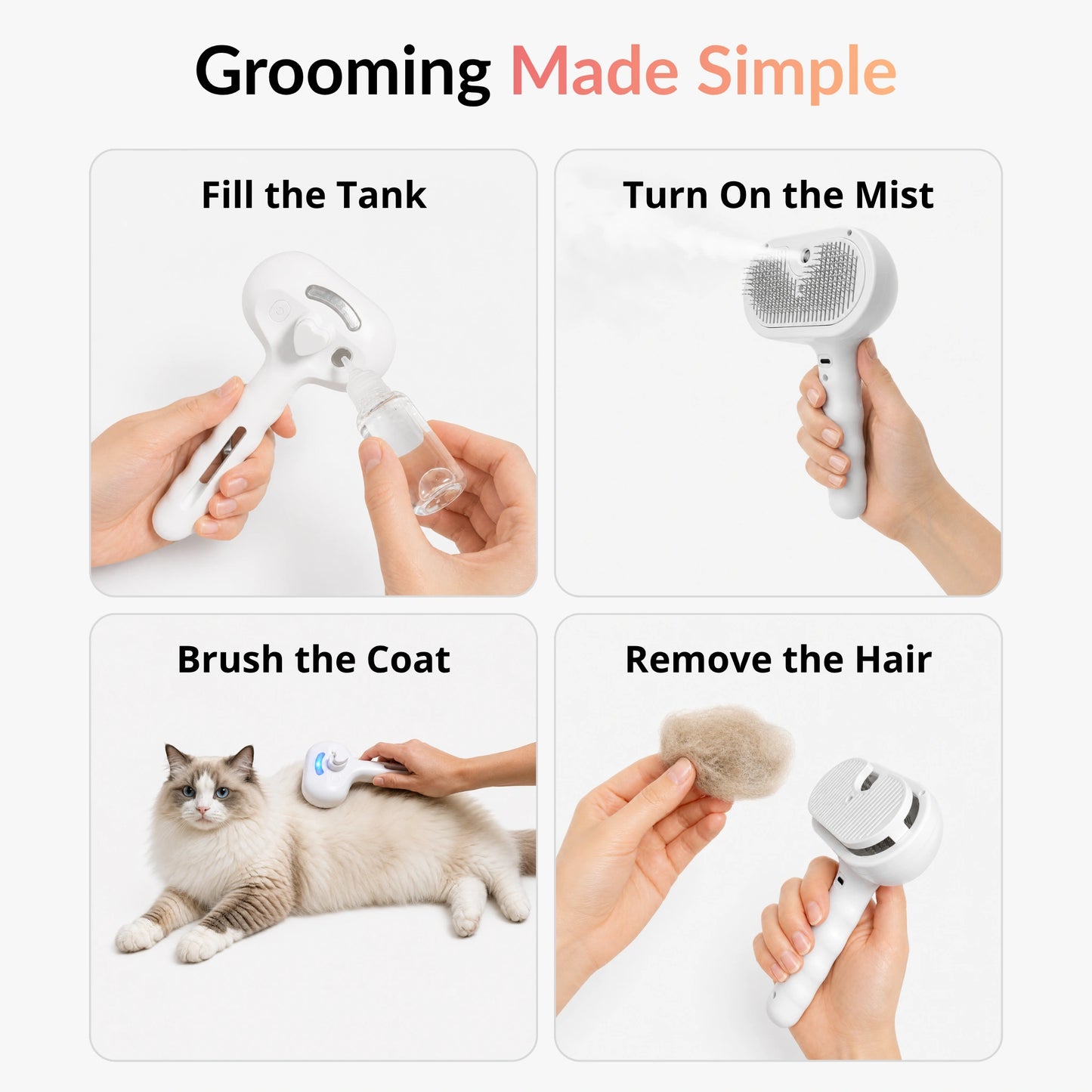 Step-by-step guide showing how to use the RagRoyale Mist Brush for cat grooming