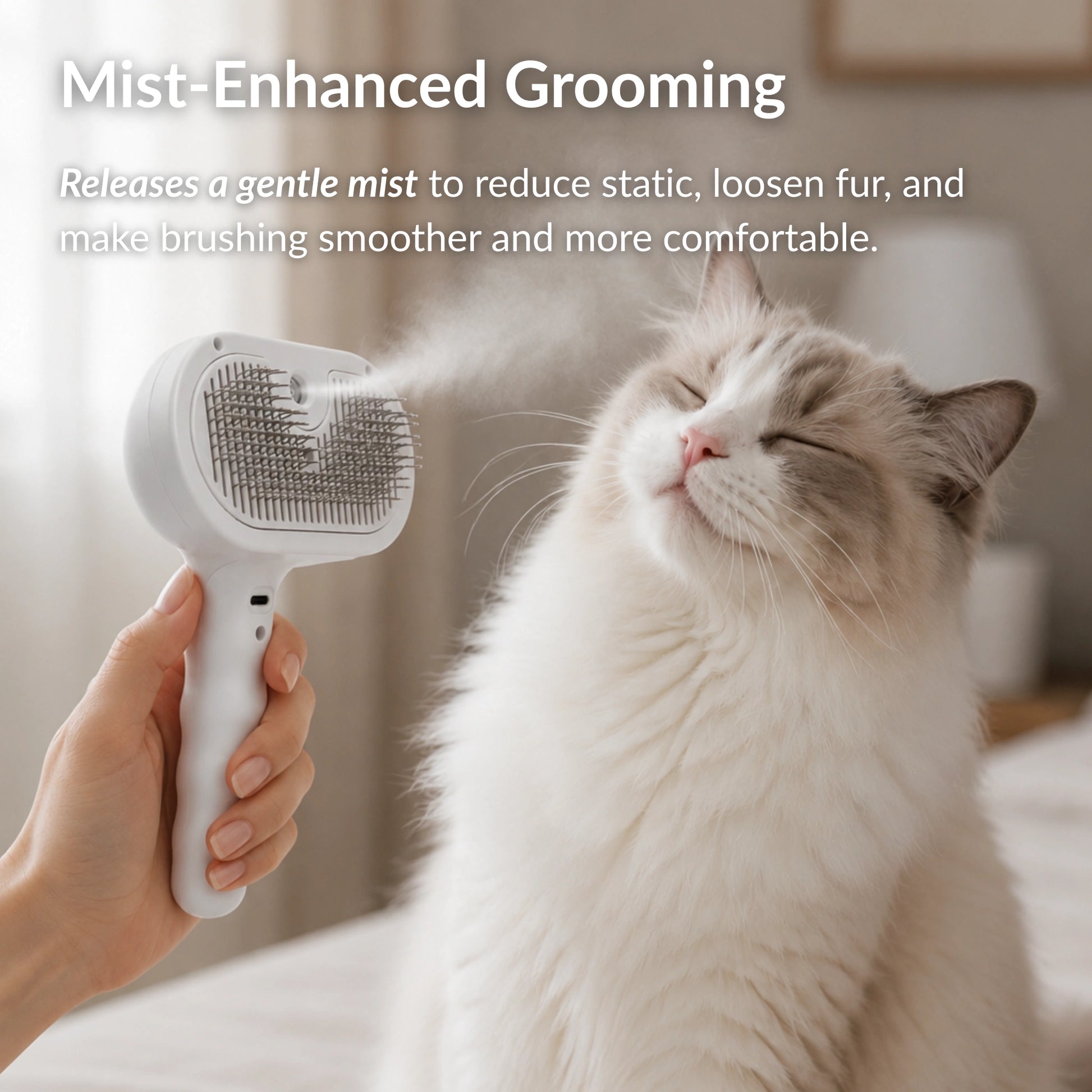 Ragdoll cat enjoying gentle grooming with the RagRoyale Mist Brush and light mist technology