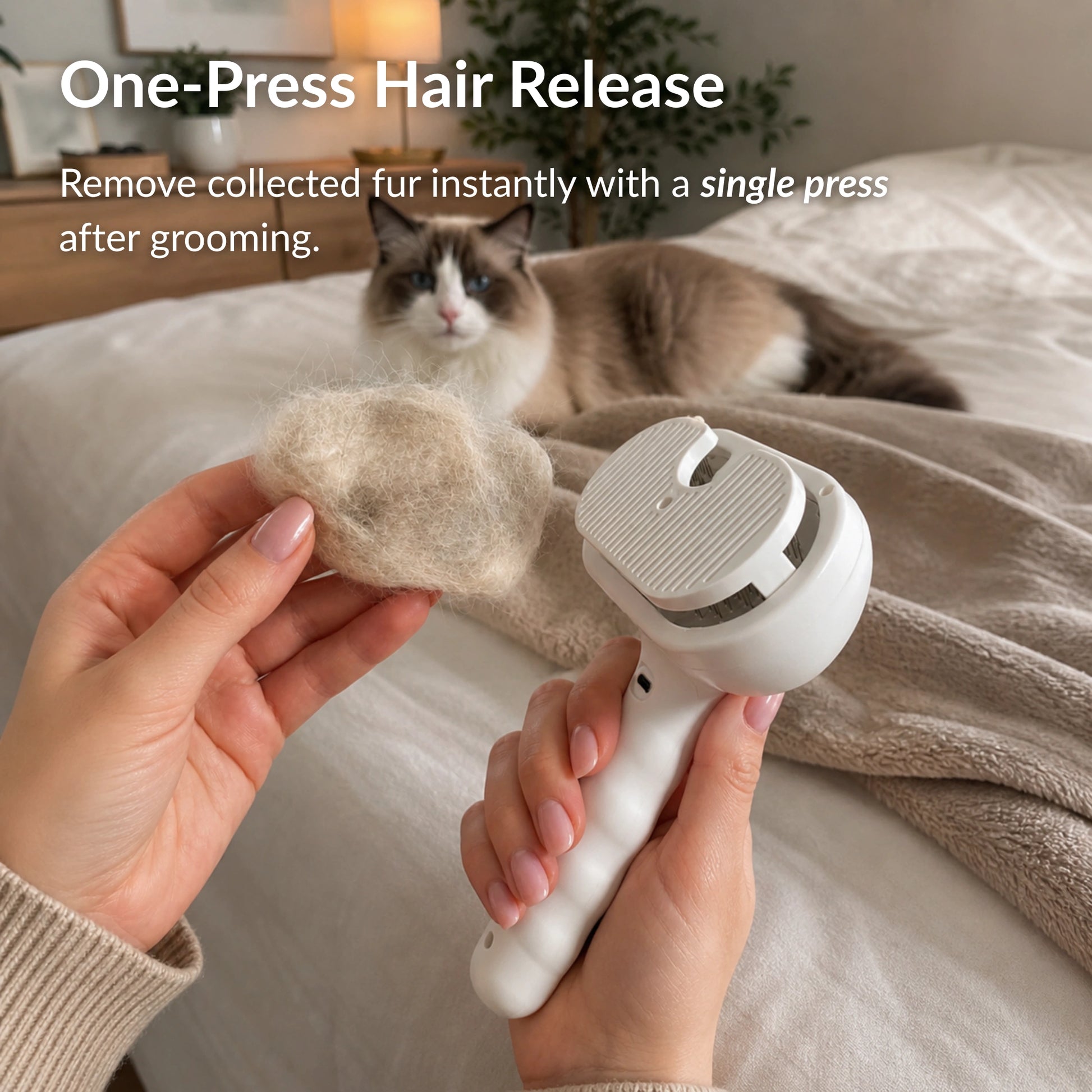 RagRoyale Mist Brush with one-press hair removal system for quick and easy cleaning after cat grooming