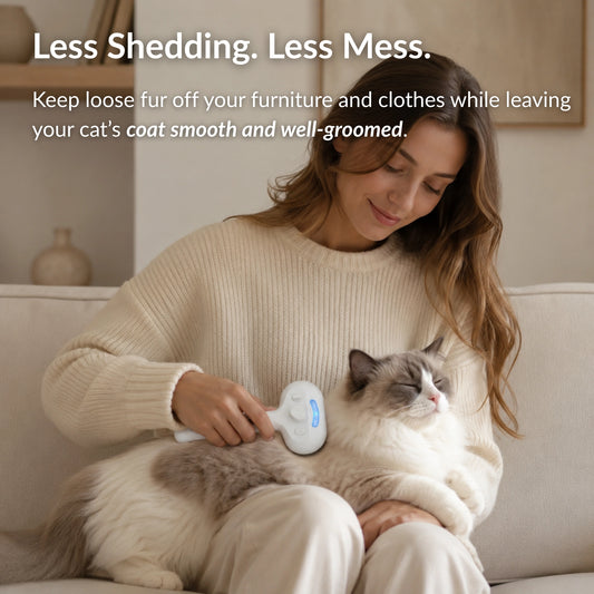 Ragdoll cat enjoying grooming with the RagRoyale Mist Brush to reduce shedding and loose fur
