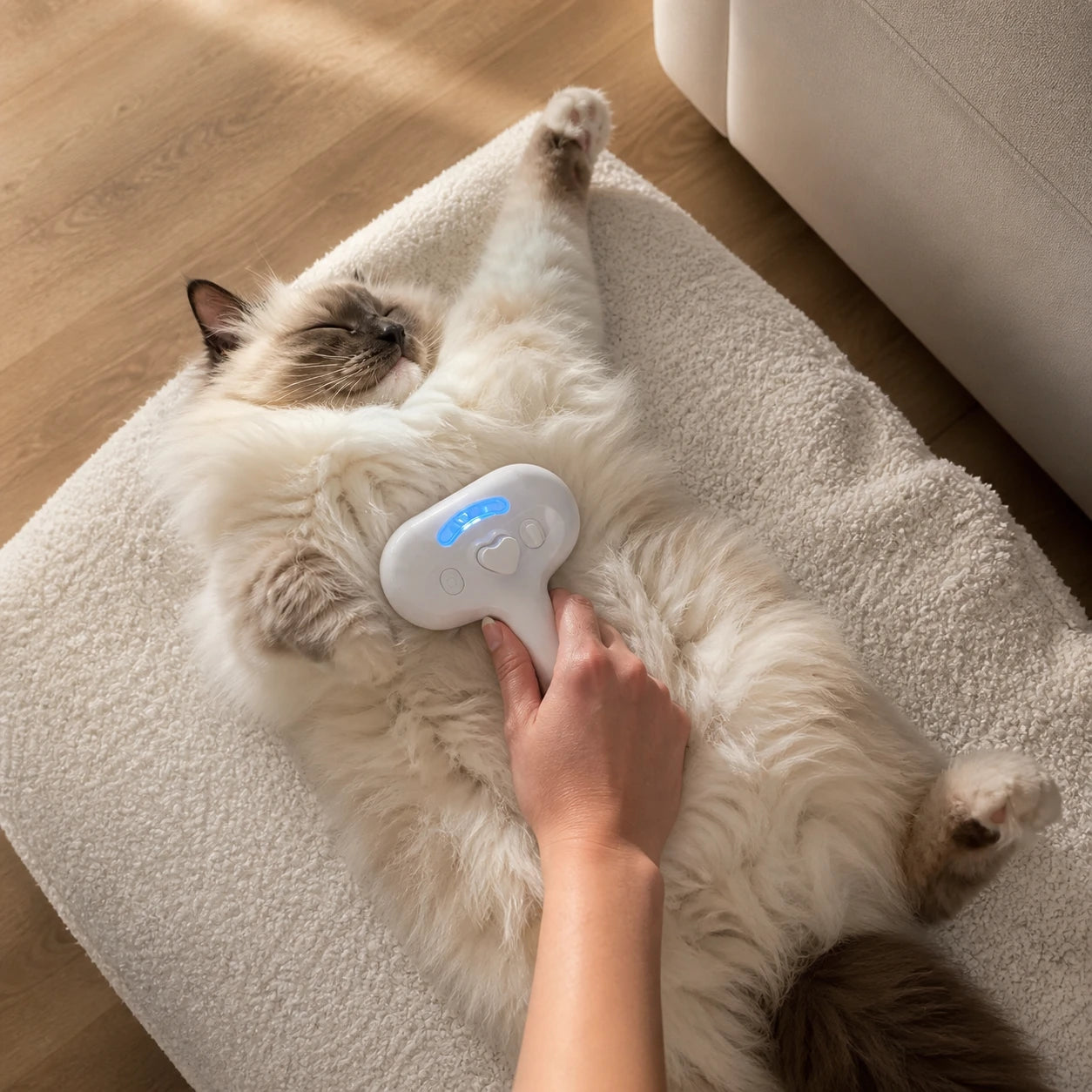 Ragdoll cat enjoying gentle coat grooming with RagRoyale grooming brush
