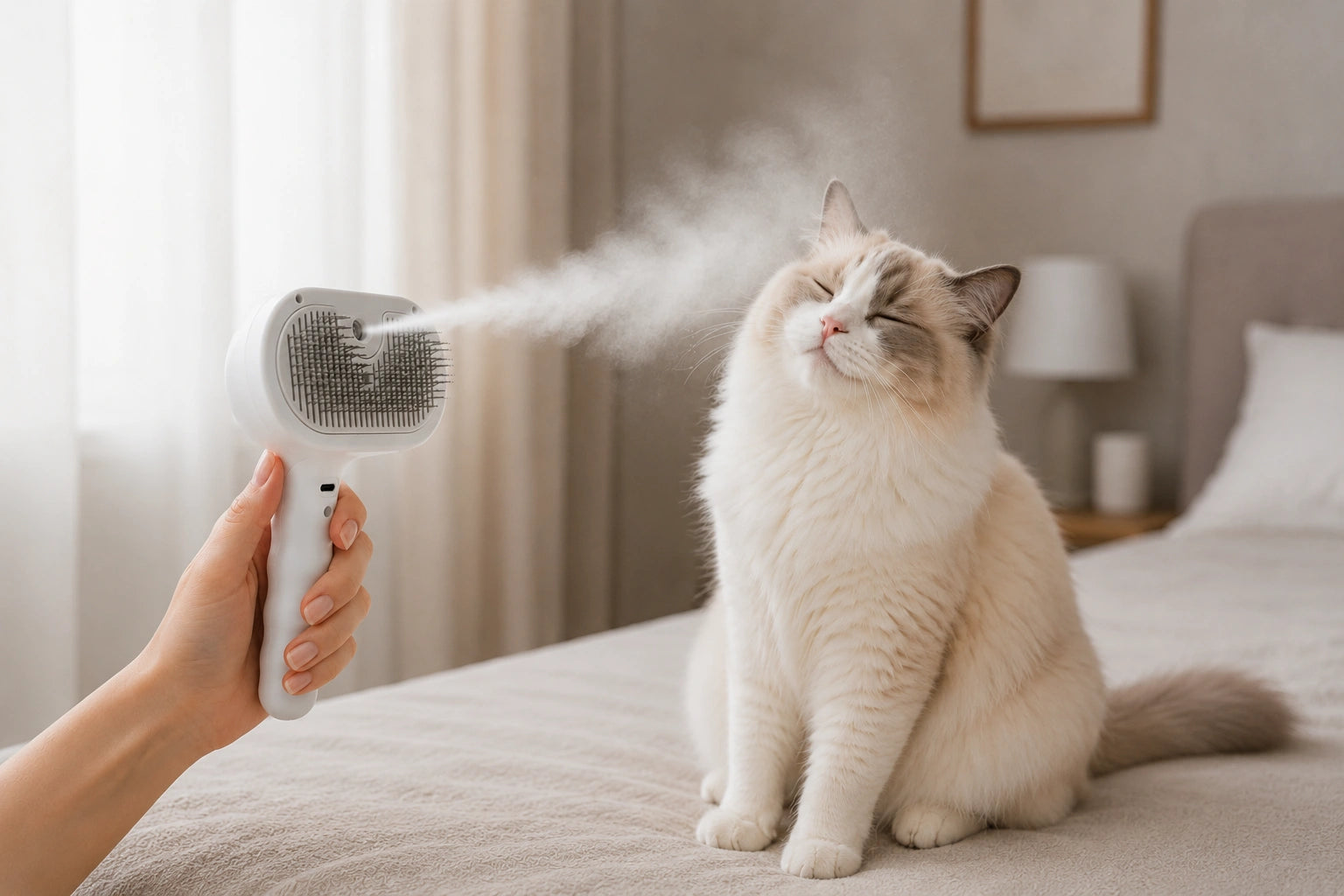 Ragdoll cat enjoying stress-free grooming with RagRoyale mist brush