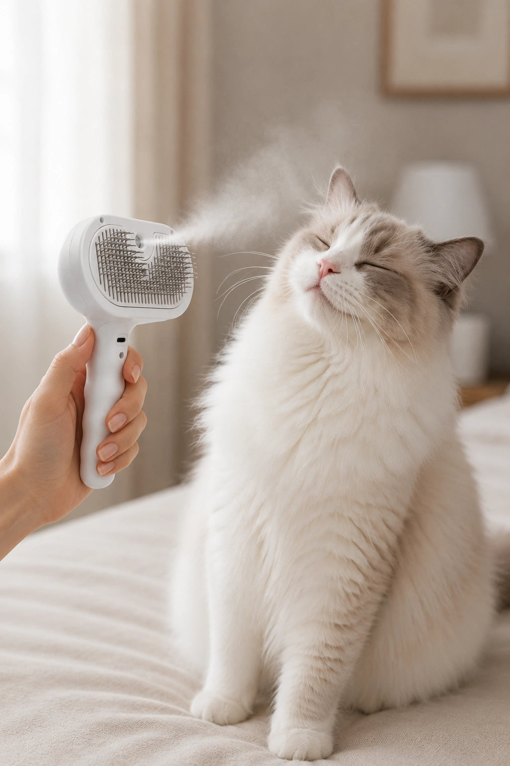 Ragdoll cat enjoying calm grooming with RagRoyale mist brush
