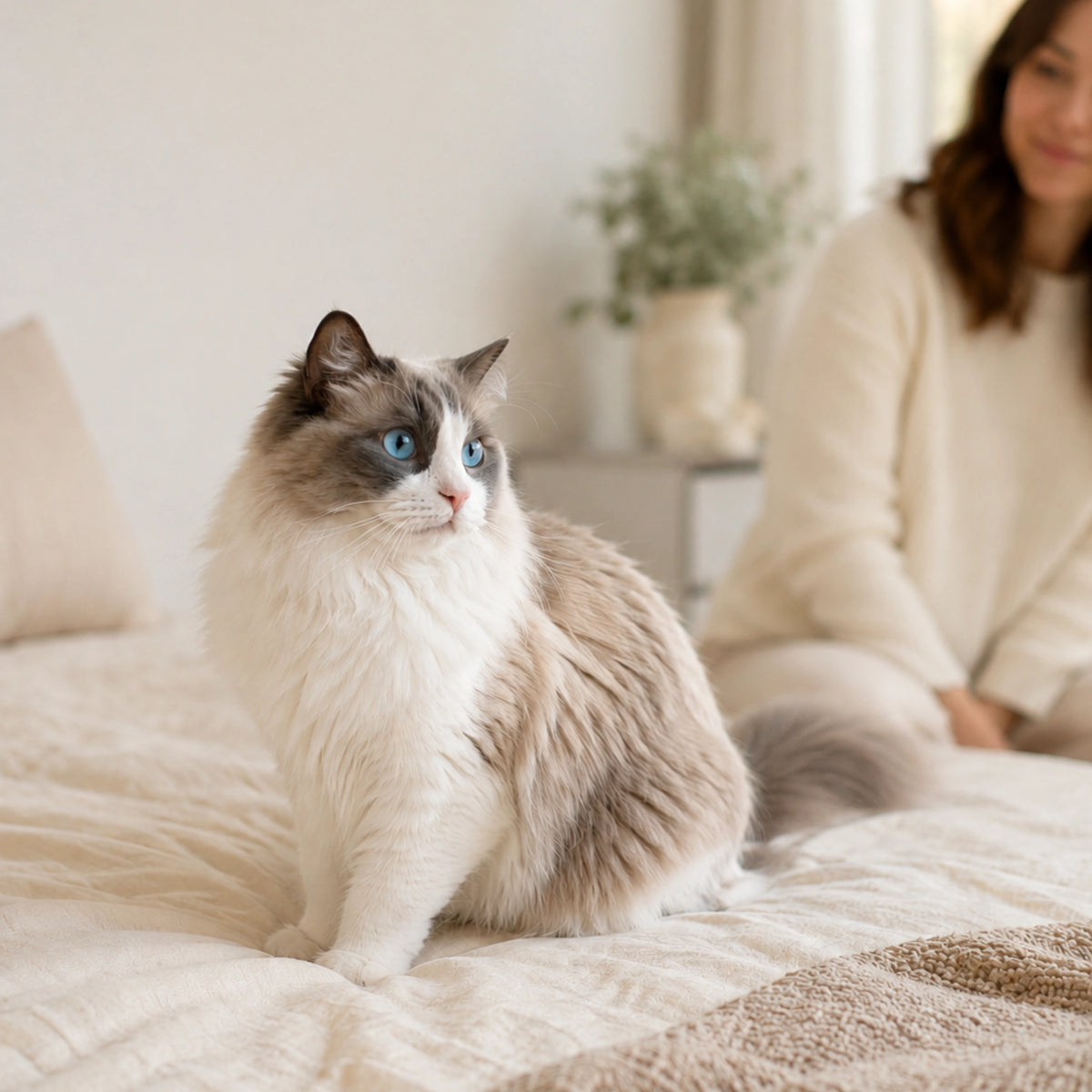 A fluffy long-haired cat with sits on a cream-colored bed in a softly lit bedroom, with a woman sitting in the background.