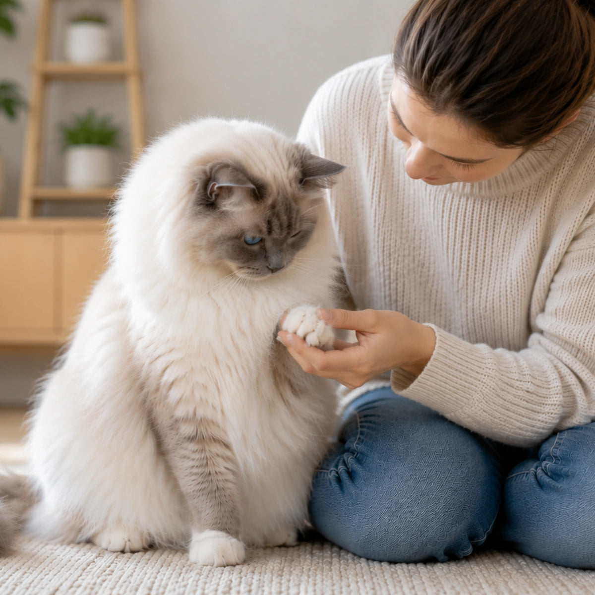 A woman gently holding the paw of a fluffy long-haired cat in a bright indoor setting.