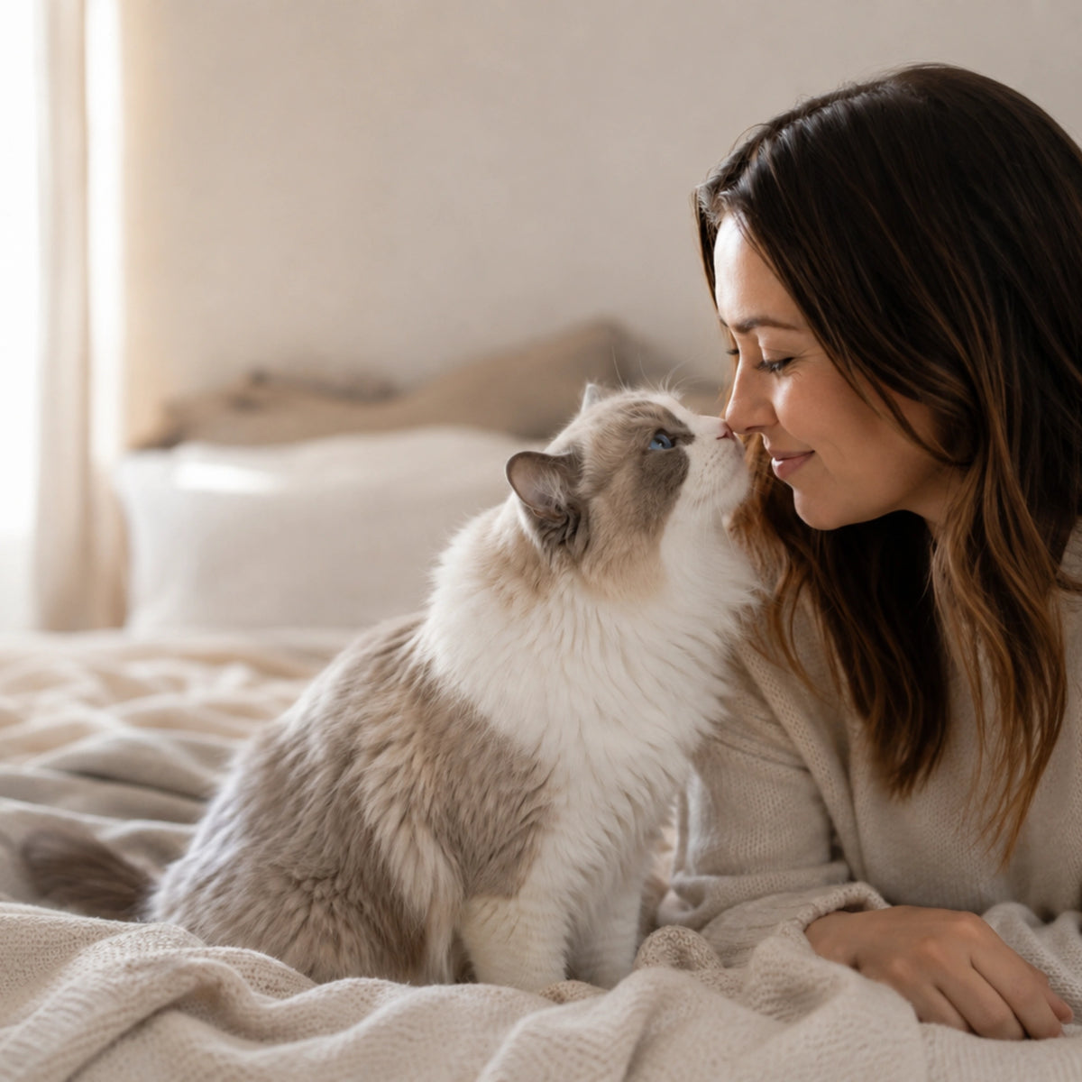 A woman sits on a bed with a fluffy ragdoll cat, gently touching its face as it looks up at her in a softly lit bedroom.