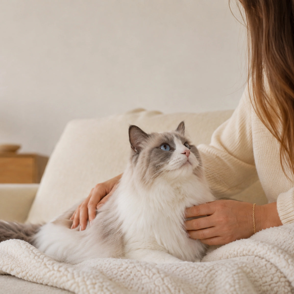 A fluffy Ragdoll sits on a cream-colored sofa while being gently pet by its owner.