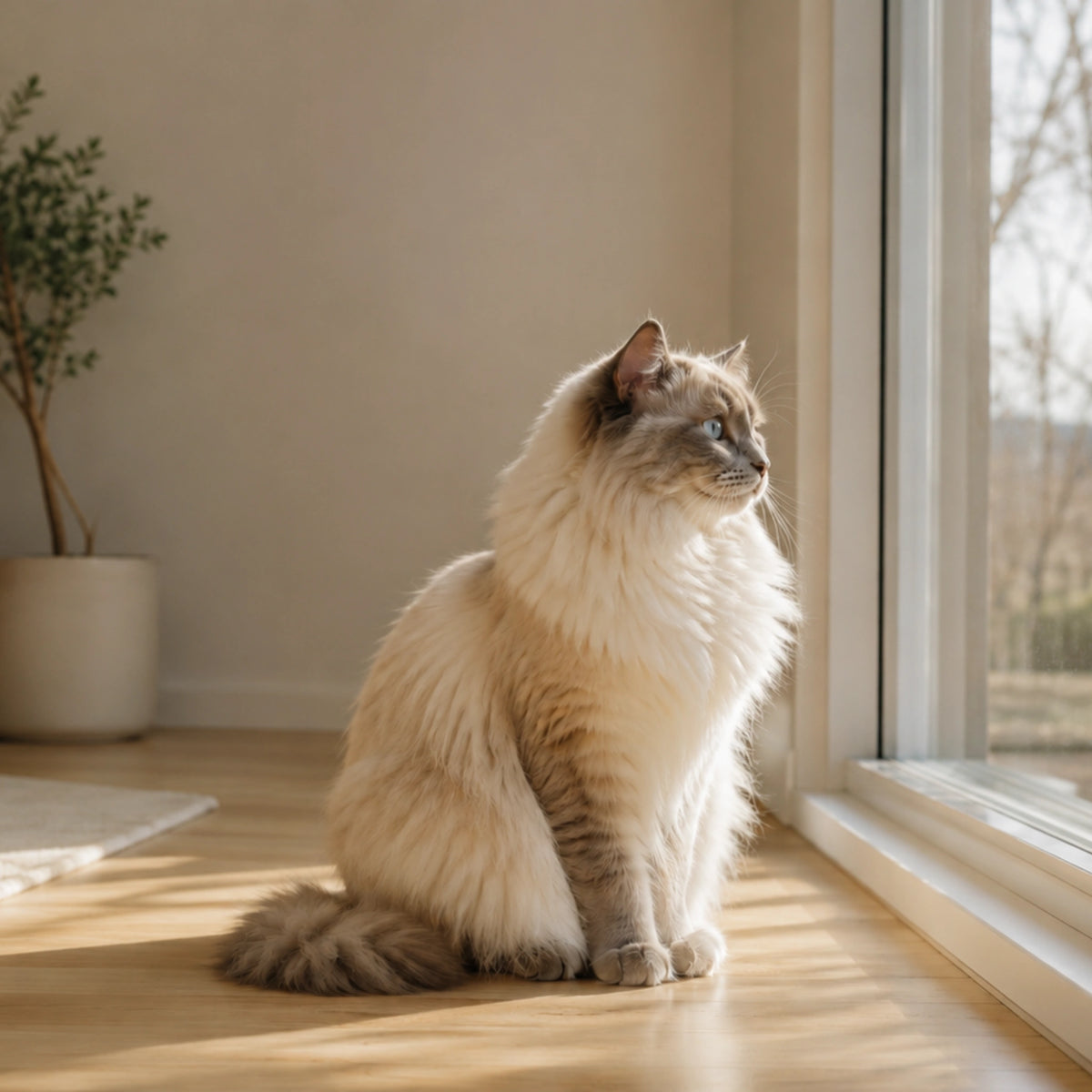 A fluffy long-haired cat sits on a sunlit wooden floor beside a window, looking out.