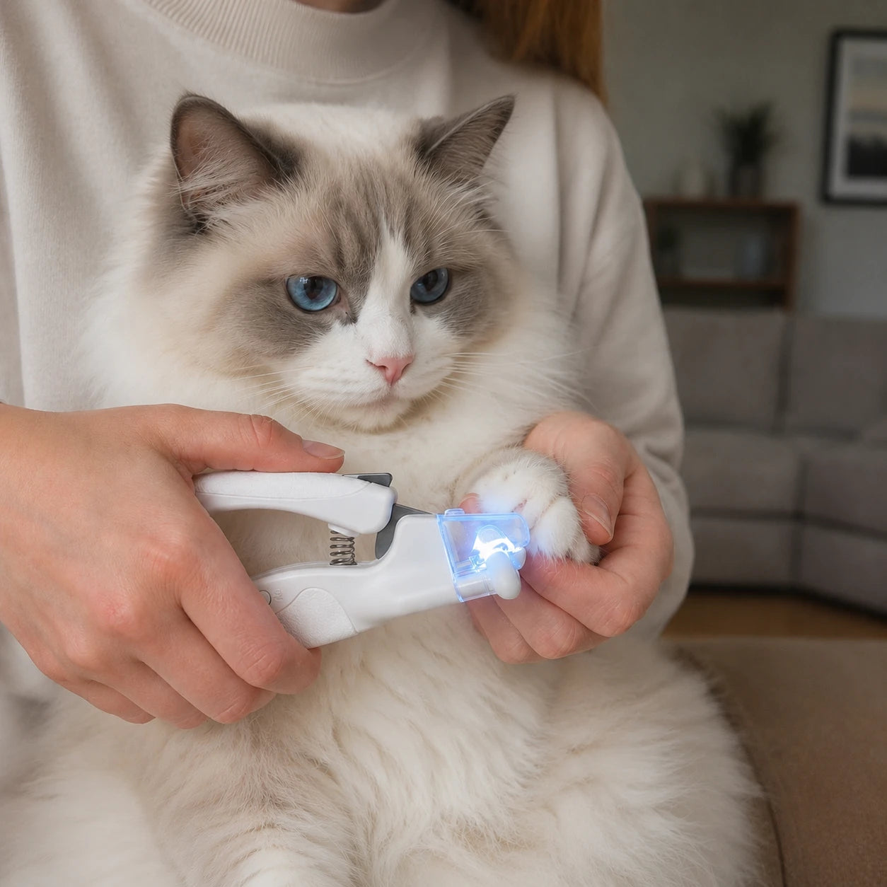 Woman safely trimming a ragdoll cat’s nails with LED nail clipper
