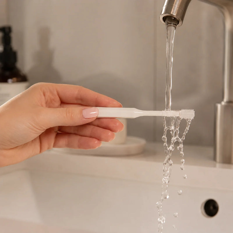 Rinsing a 360 cat toothbrush under running water after brushing for easy cleaning and hygiene