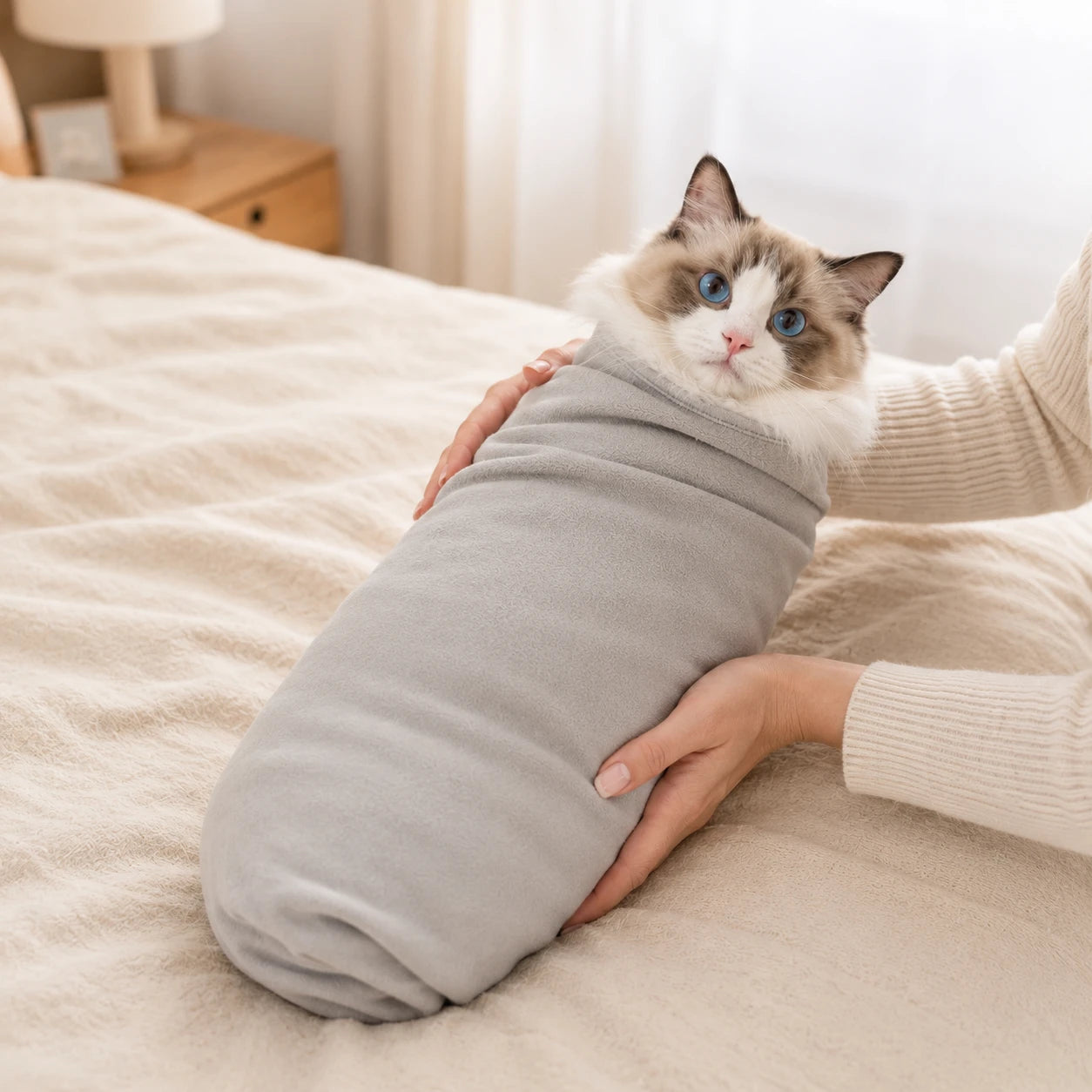 Cat grooming wrap designed to keep cats secure and still for safer, more controlled grooming sessions