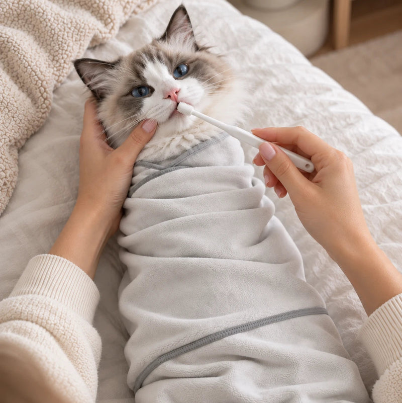 Cat wrapped in a grooming wrap during tooth brushing for safe and stress-free dental care